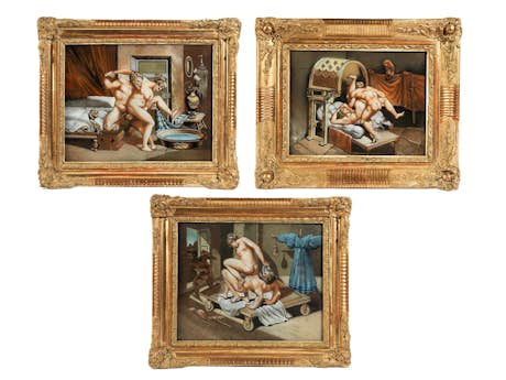 Serie von drei Hinterglasbildern mit erotischen Darstellungen